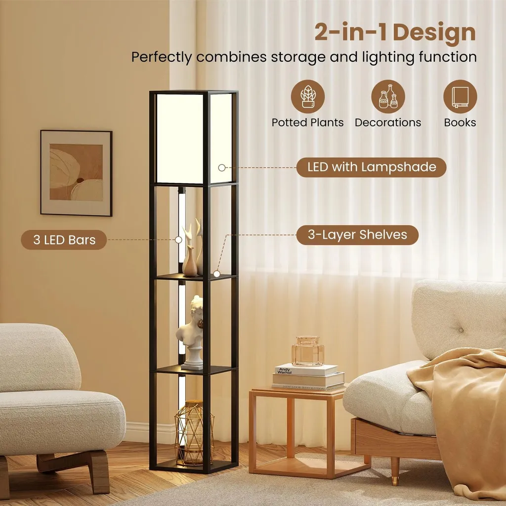 Lampadaire salon avec étagères de rangement et éclairage LED modulable - 3