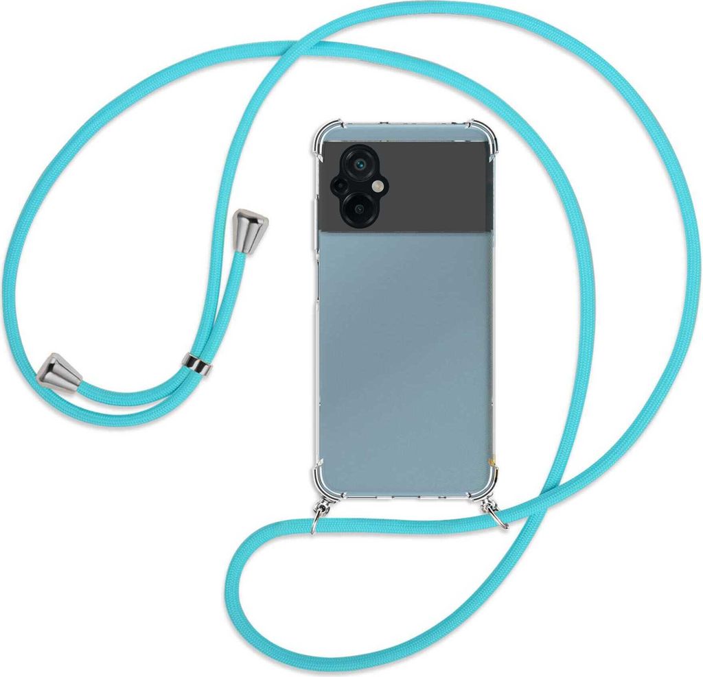Handykette Backcover-Schutzhülle mit Band (Metall silberfarben) für Xiaomi Poco M5 (6.58'') - türkis