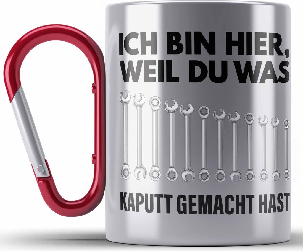 Trendation - Handwerker KFZ Mechaniker Geschenk Lustig Edelstahl Tasse Karabiner Automechaniker Werkstatt Edelstahl Tasse Karabiner Hausmeister (Rot)