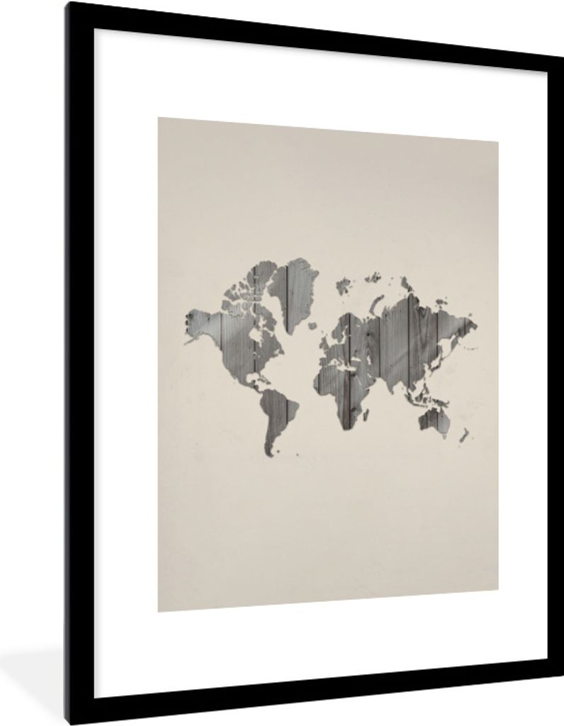 MuchoWow Gerahmtes Poster Weltkarte - Holz - Regal 60x80 cm - Poster mit Schwarzem Bilderrahmen Wandposter Rahmen Foto Bilder - Wohnzimmer - Deko...