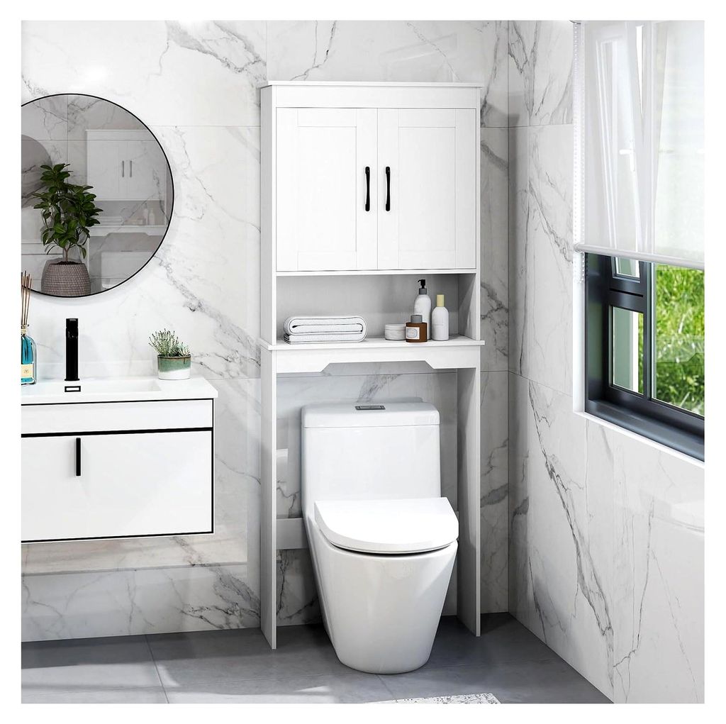 Toilettenregal Badezimmerschrank, Toilettenschrank mit 2 Türen und verstellbarem Regal, freistehender Überbauschrank, 63 x 24 x 168 cm, Weiß