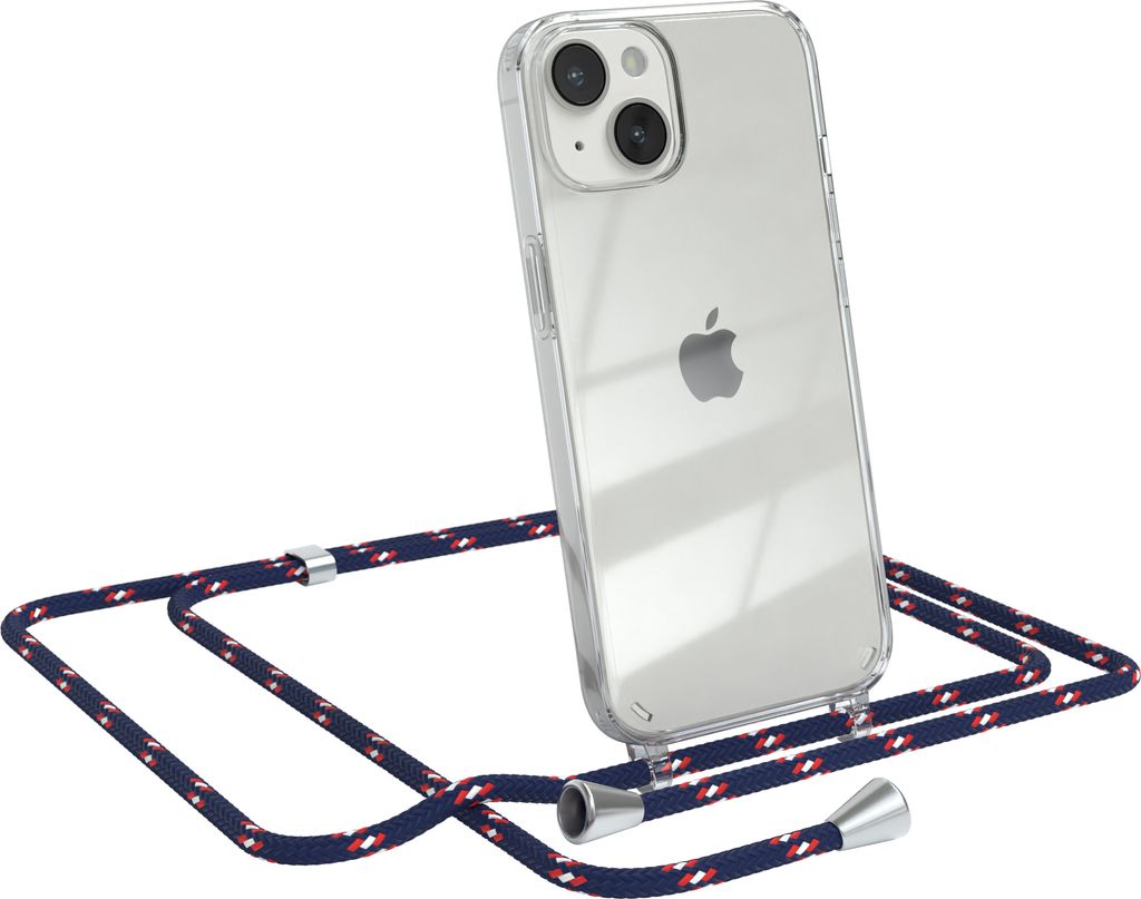 EAZY CASE Handykette kompatibel mit Apple iPhone 14, Handyhülle mit Umhängeband, Handykordel, Schutzhülle Clear, Band in Blau