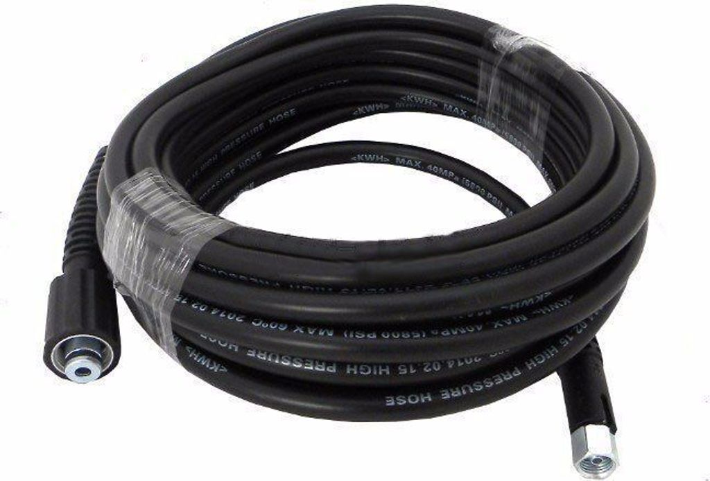 A coiled black high-pressure hose for a pressure washer, with connectors at each end.