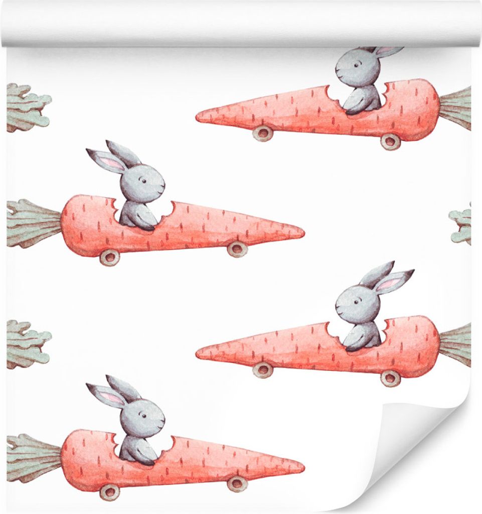 10m VLIES TAPETE Rolle Kinderzimmer Hasen Karotten Autos Aquarell XXL