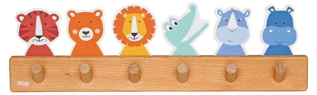 Garderobe für Tierfreunde aus Holz mit 6 Haken, 40 x 6 x 12 cm, Bunte Kindergarderobe mit Tiermotiven