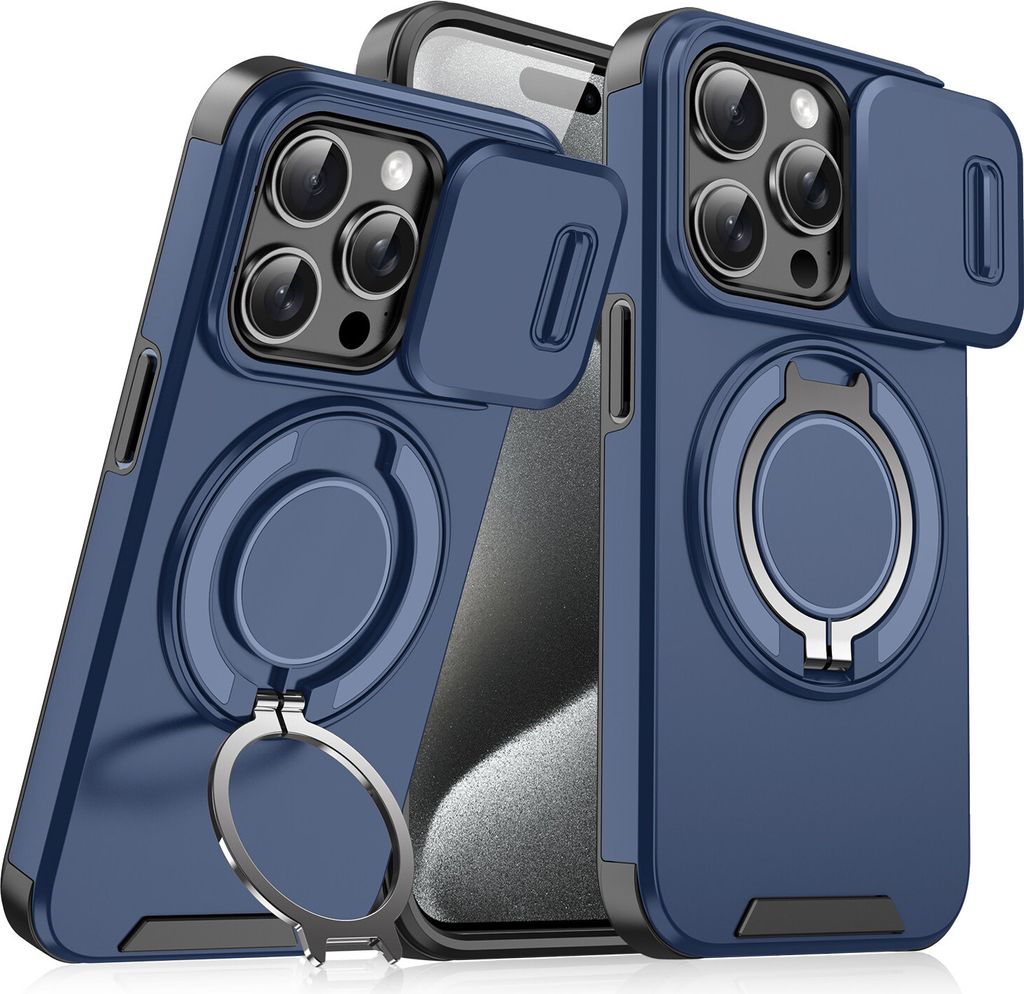 Handyhülle für iPhone 15 Pro Dual-Layer Stoßfest Militär Hülle mit Dia Kameraschutz und Magnetisch Ring Ständer Blau