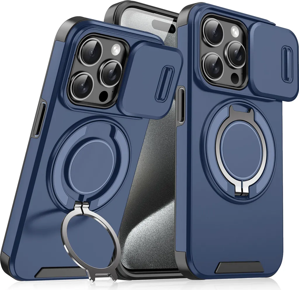 Custodia iPhone 15 Blu con Anello e Copri Cam - Protezione Totale Outdoor