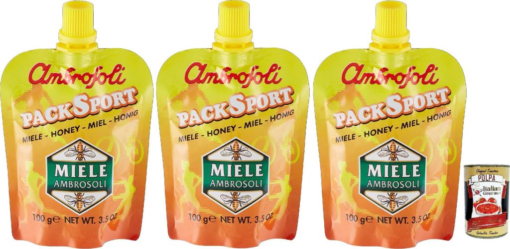 Ambrosoli Packsport Miele Millefiori, sport honey honig, IDEAL FÜR Sportler, Frühstück, sehr streichfähig. 3x 100g + Italian Gourmet polpa 400g