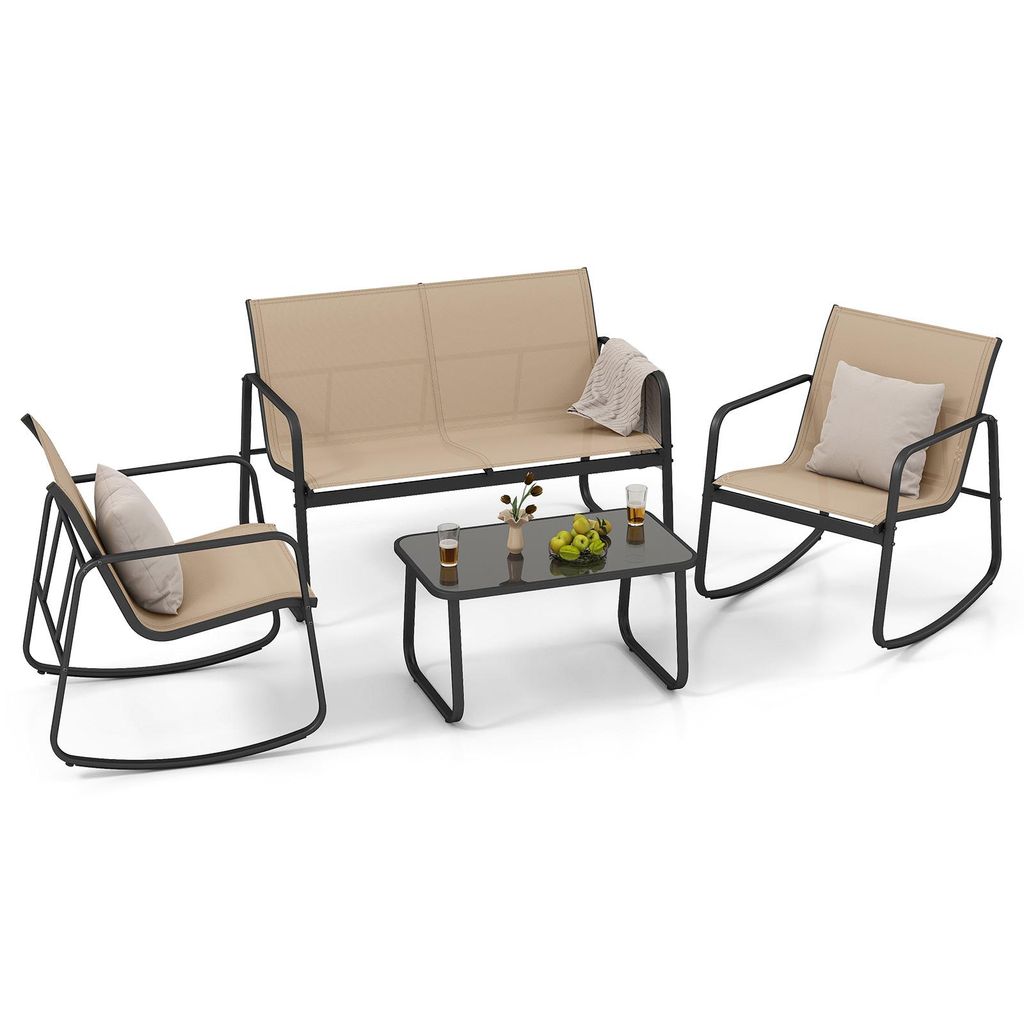 COSTWAY 4-tlg. Gartenmöbel Set, Terrassenmöbel mit sanfter Schaukelbewegung, 2 Stühlen, Bank & Tisch, Sitzgruppe für 4 Personen, Gartengarnitur...