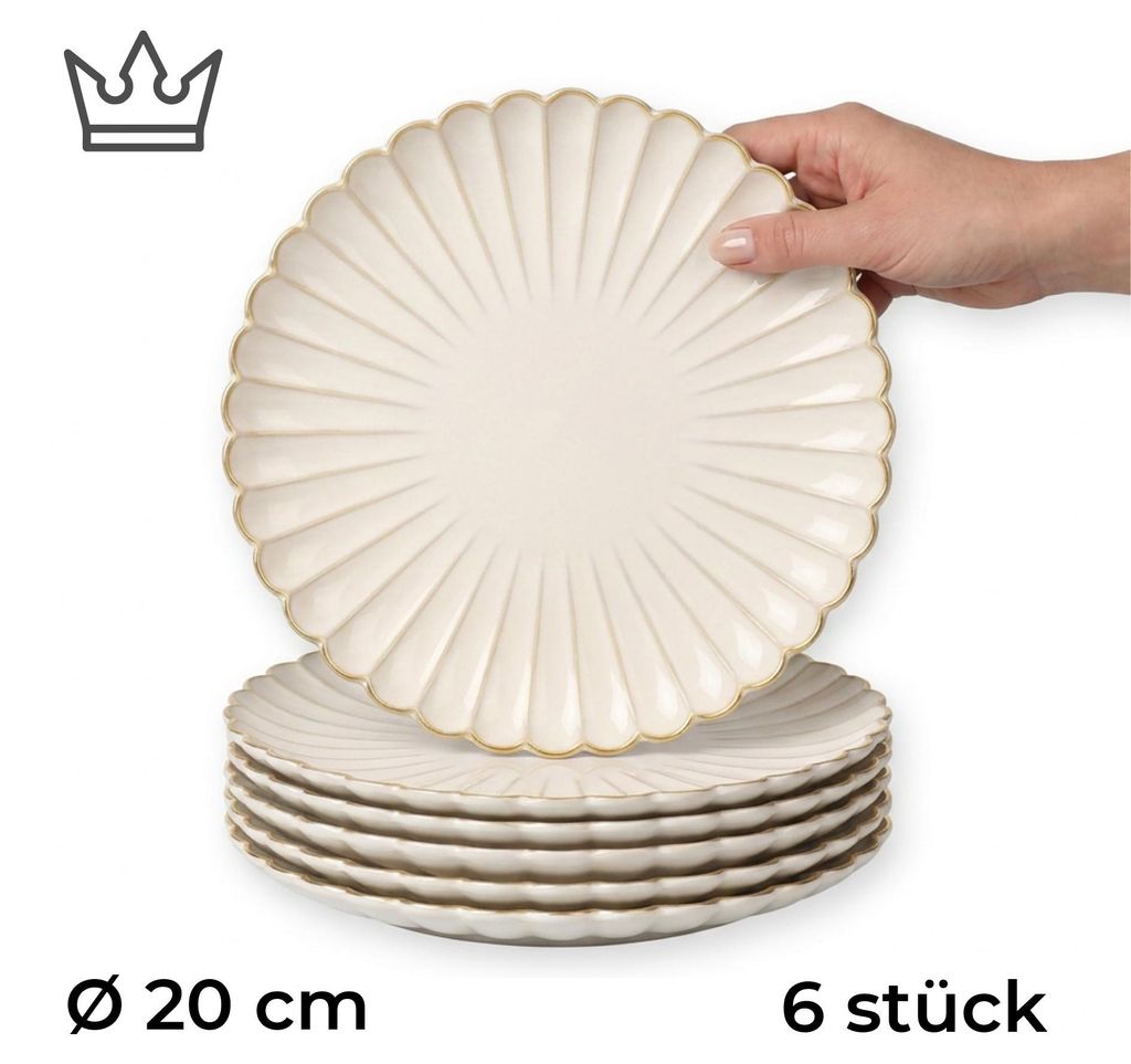 6er-Set Premium Porzellan Speiseteller Ø20 cm – Elegantes Wellendesign mit edlem Goldrand