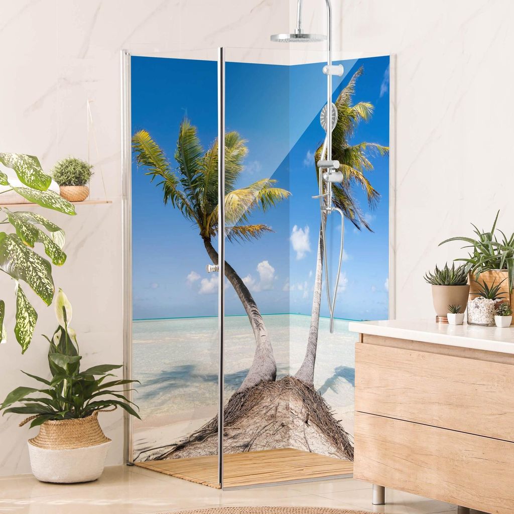 Duschrückwand Strand selbstklebend - 0.35 mm Wandpaneel wasserfest Palme blau Tropisch Badrückwand fugenlos Smart matt 80x210 cm