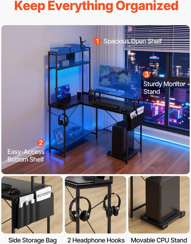 Bureau d'angle pour ordinateur 120 cm avec rangement et prises USB
