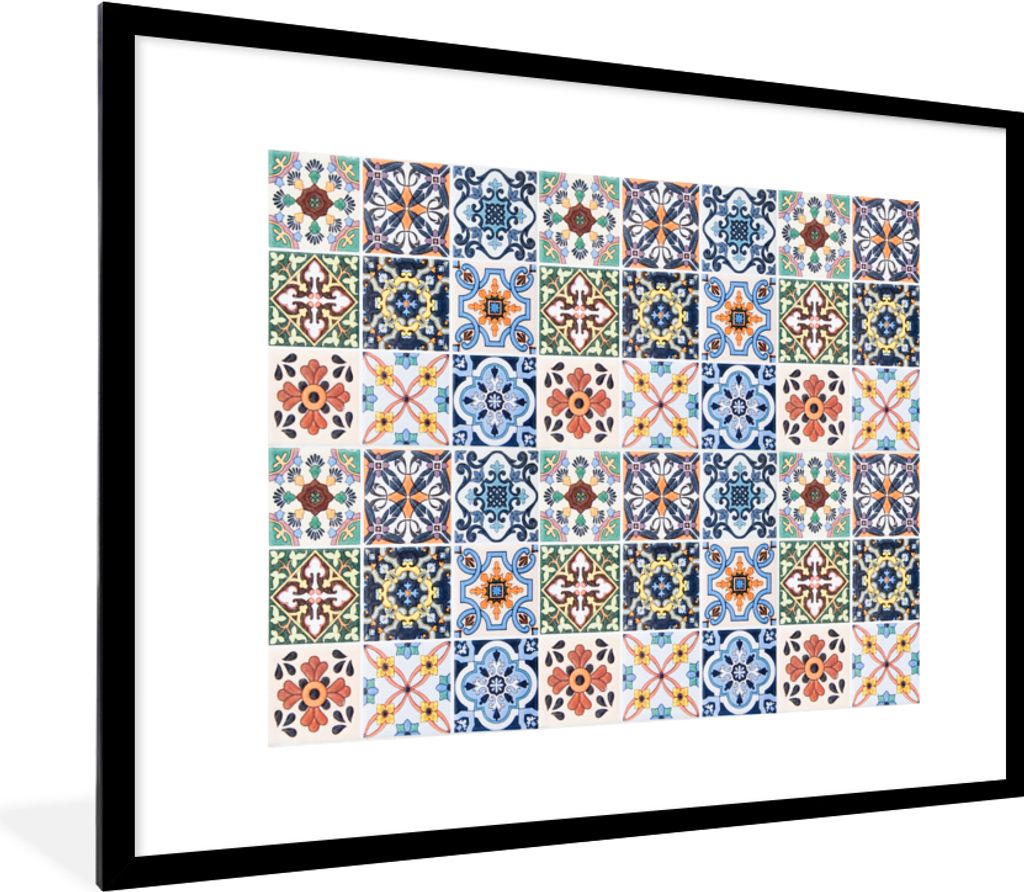MuchoWow Gerahmtes Poster Design - Blumen - Orange - Blau - Abstrakt 80x60 cm - Poster mit Schwarzem Bilderrahmen Wandposter Rahmen Foto Bilder -...