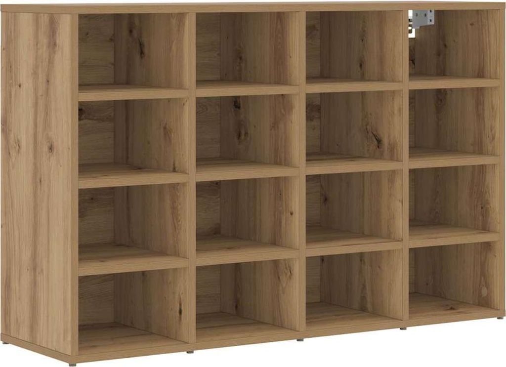 A wooden shoe cabinet with multiple compartments.