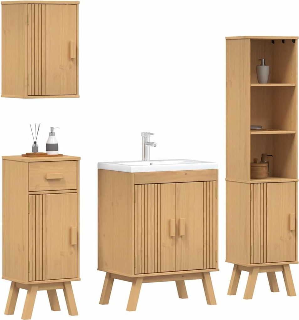 vidaXL Badezimmermöbel-Set mit Regal 4 pcs Braun Massivholz Kiefer
