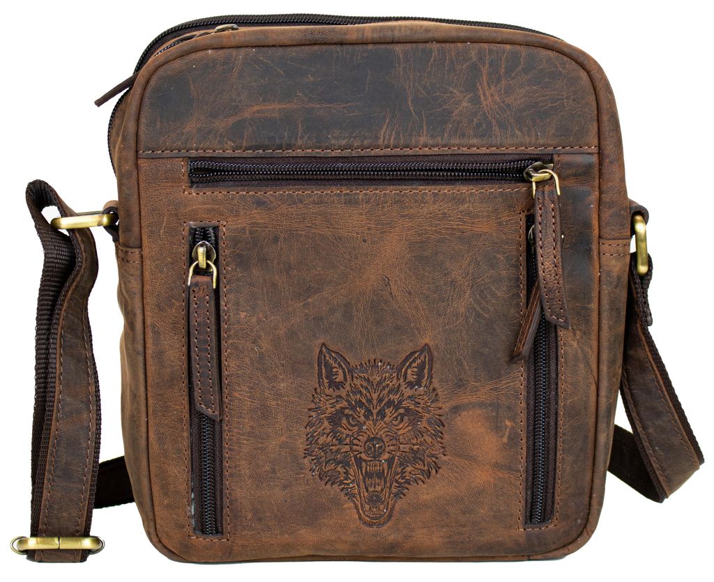 Vintage Crossover Tasche Umhängetasche aus echtem Leder mit Wolf-Prägung (Rindsleder, Braun)