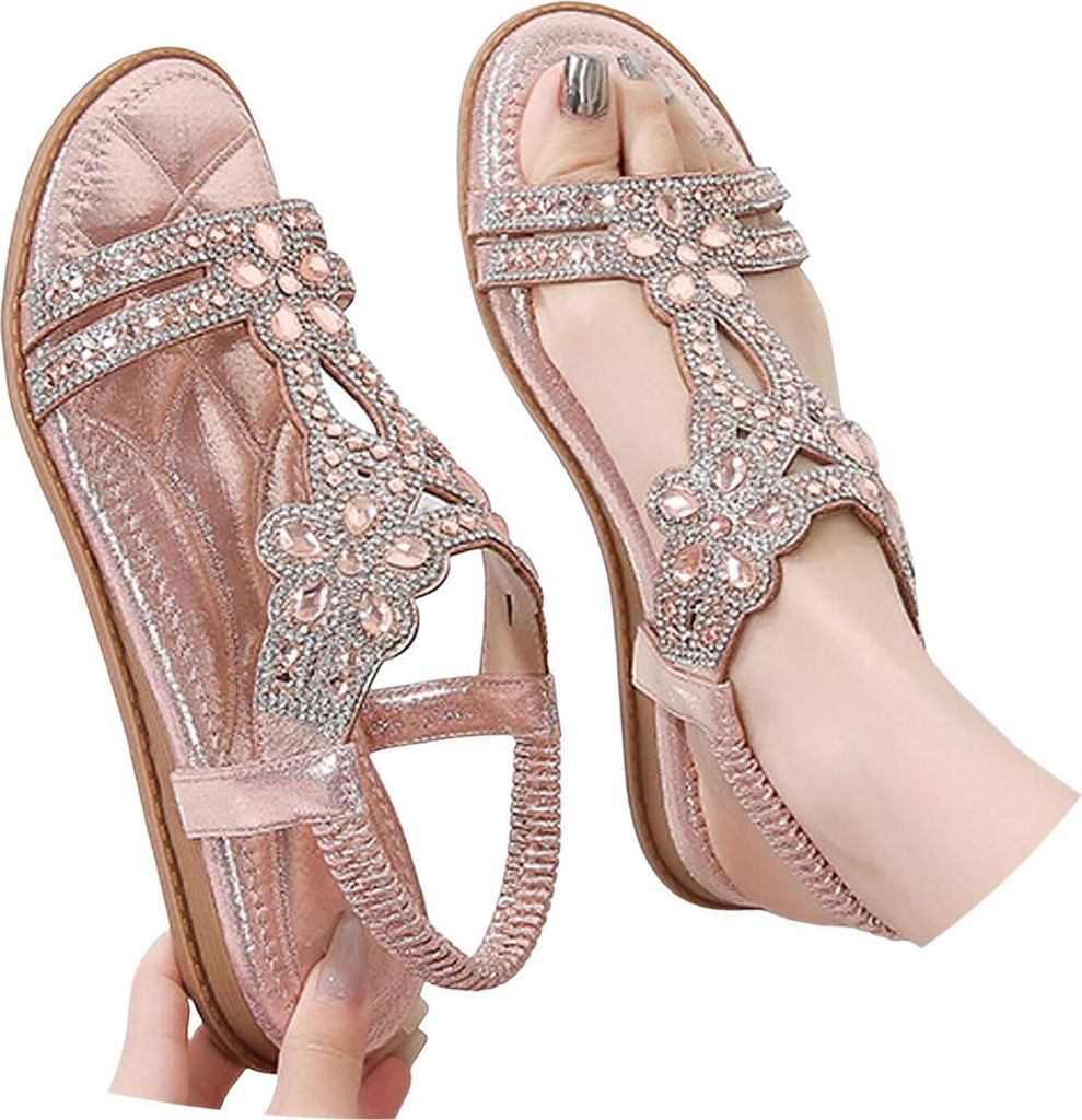 ASKSA Damen Glitzer Sandalen Sommer, Strass Sandalen Elegant Flach Schuhe, Rosa, Groesse: 41