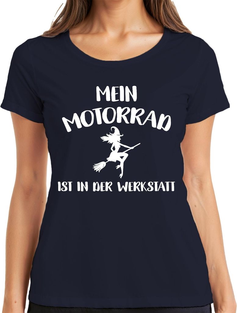 Mein Motorrad in der Werkstatt Hexe Besen Bikerin Lustig Geschenk Damen T-Shirt, Navy, L