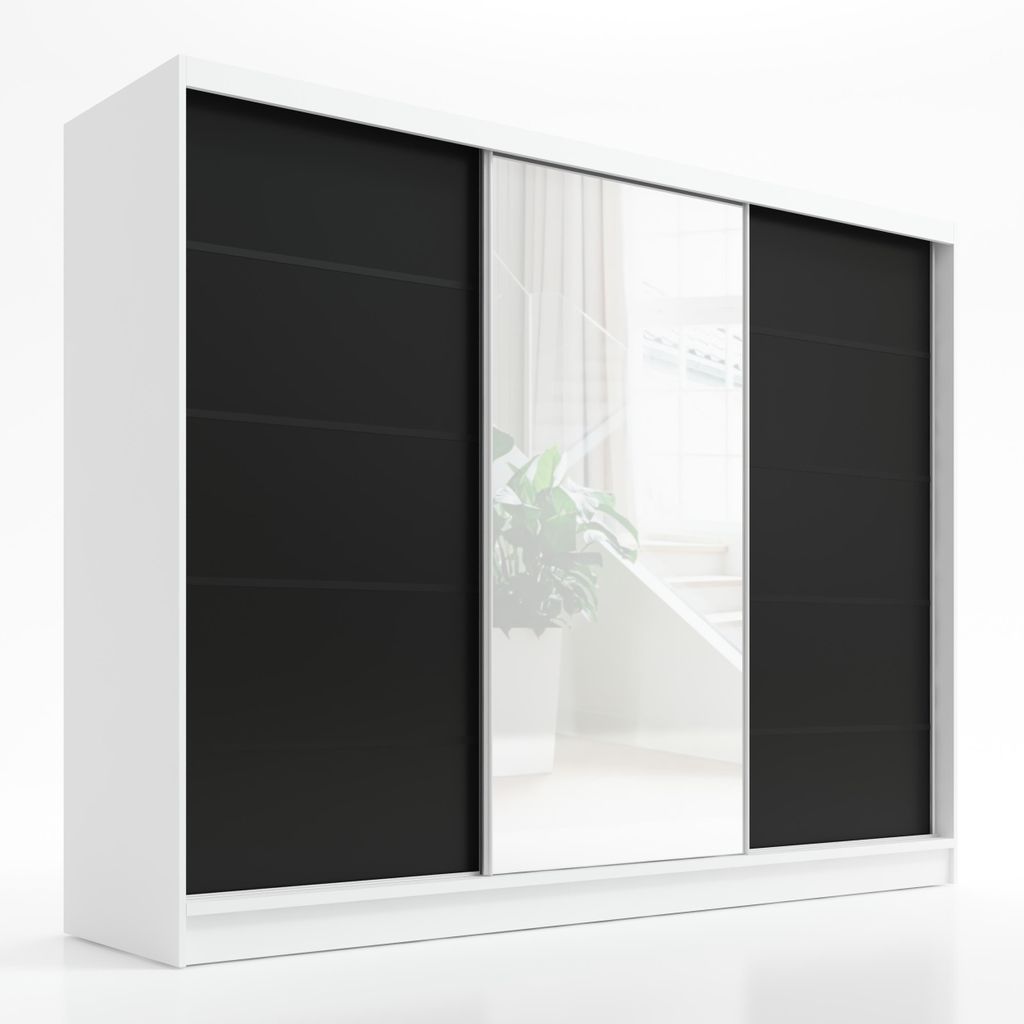 Schwebetürenschrank, 3-türig Schrank 200 cm mit Spiegel ARIVA 2 (Weiß /Schwarz)