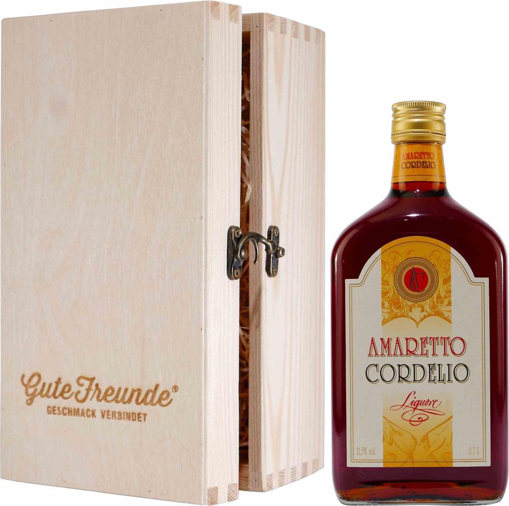 Cordelio Amaretto Liquore mit Geschenk-Holzkiste