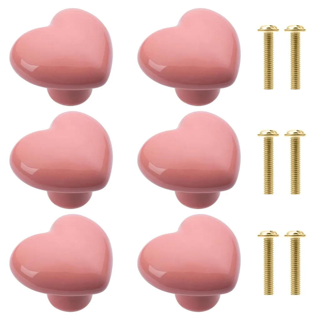 Lot de 6 Boutons de Meuble Cœur en Céramique Rose avec Vis de Fixation