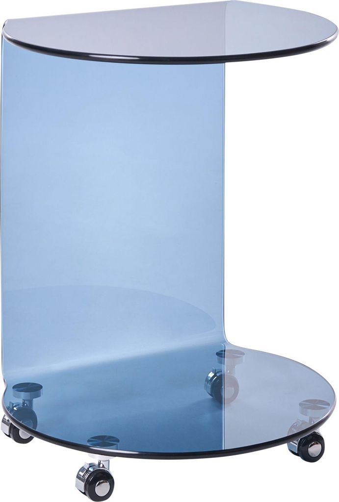 BELIANI Beistelltisch Blau Rauchglas 56 cm Hoch Halbrund C-Form mit Rollen Modern Schlicht Tischchen Schiebetisch Tisch zum Sofa Laptoptisch Snackt...