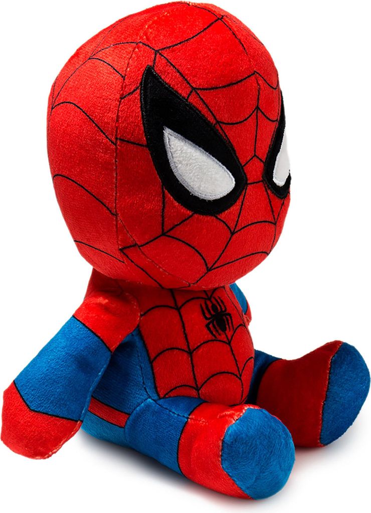 A plush toy of the character Spiderman sitting down, shown from a side angle.