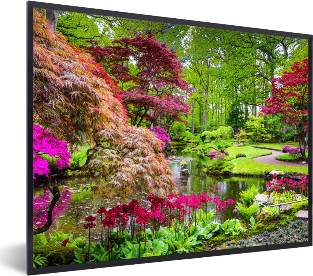 MuchoWow Gerahmtes Poster Bäume - Blumen - Japanisch - Natur - Wasser 80x60 cm - Poster mit Schwarzem Bilderrahmen Wandposter Rahmen Foto Bilder...