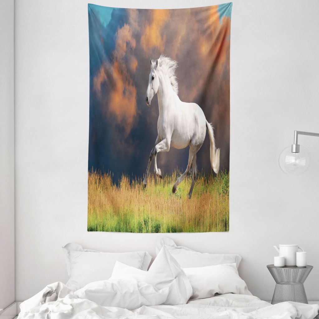 ABAKUHAUS Tier Wandteppich und Tagesdecke, Andalusier Dusk aus Weiches Mikrofaser Stoff Waschbar ohne Verblassen Digitaldruck, 140 x 230 cm, Weiß ...