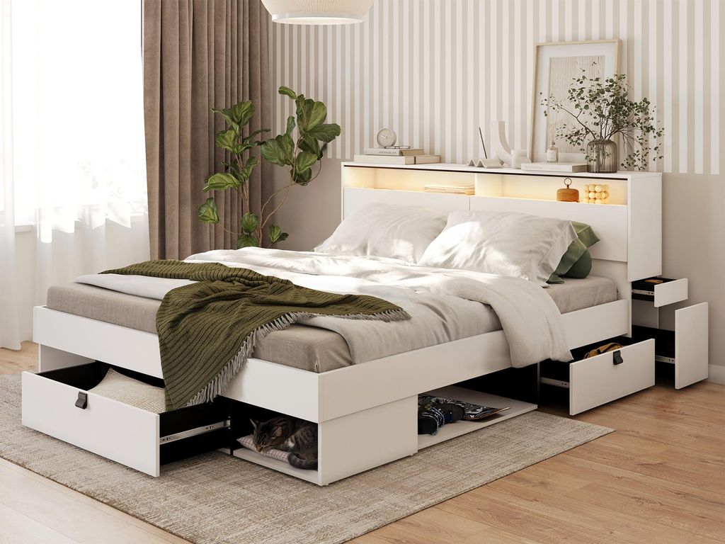 MEBLINI Funktionsbett 180x200 SMARTEE mit Lattenrost und Matratze - Schrankbett mit LED - Bett mit Stauraum - Doppelbett mit Schubladen - Stauraumb...