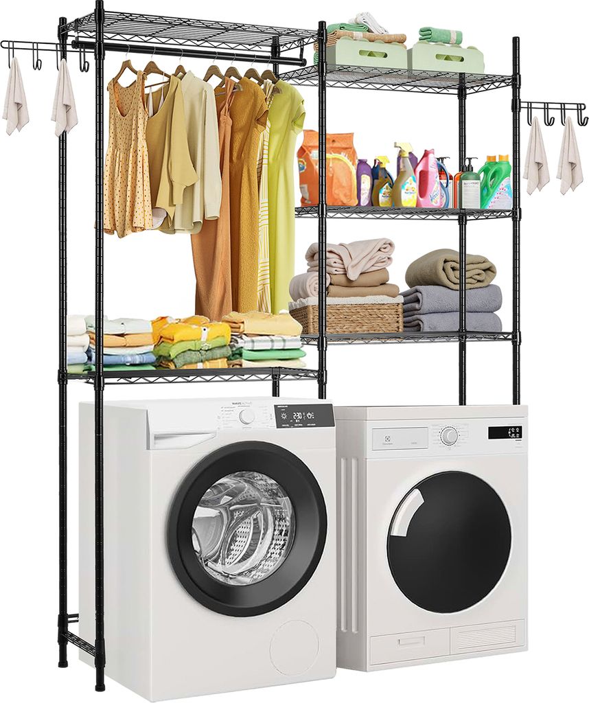 A laundry room setup with a storage shelf unit over two washing machines.