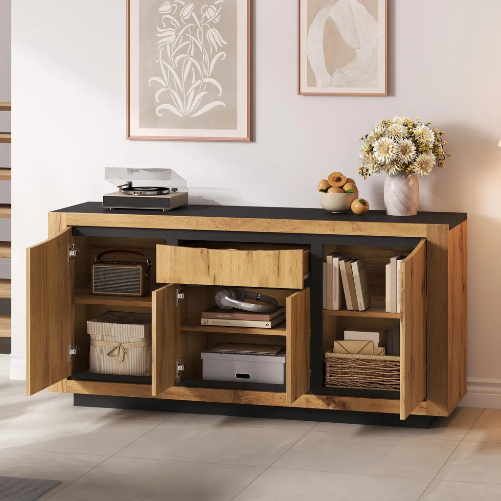 Meuble Buffet en MDF 4 Portes et 1 Tiroir Coloris Naturel et Noir Mat