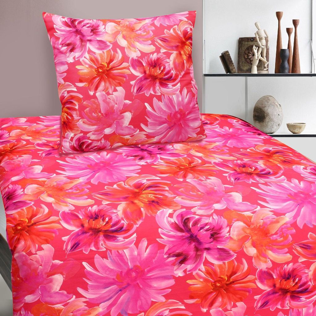 Mikrofaser Satin Bettwäsche Blumen 135x200 80x80 Set 2tlg