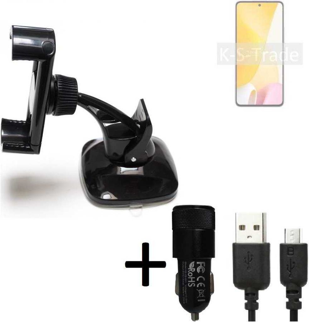 K-S-Trade Halterung kompatibel mit Xiaomi 12 Lite Windschutzscheibe / Armaturenbrett + LADEGERÄT mit Mico USB Kabel Autohalterung KFZ Halter