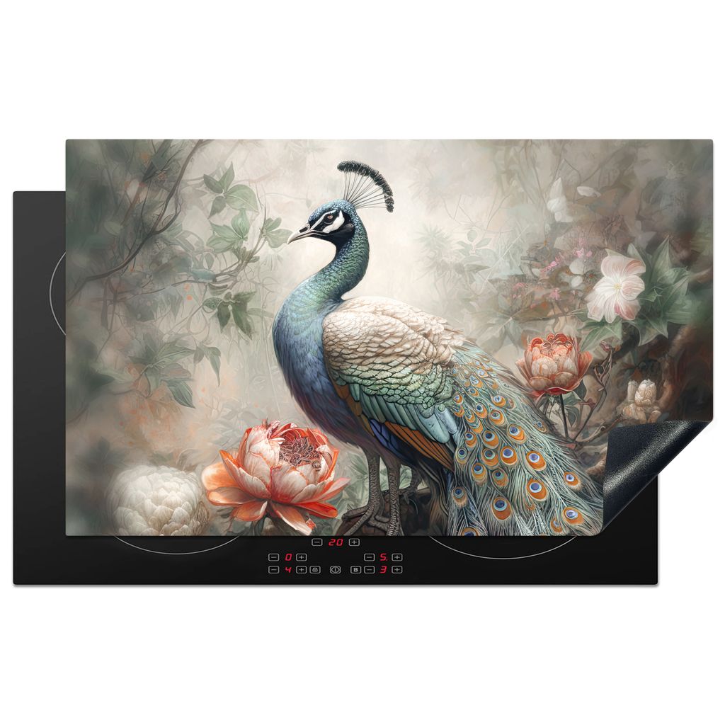 KitchenYeah Herdabdeckplatte Pfau - Pfauenfedern - Vogel - Dschungel - Blumen , 85x52cm, Küche Deko, Glaskeramikkochfeld Herdabdeckung, Abdeckpl...