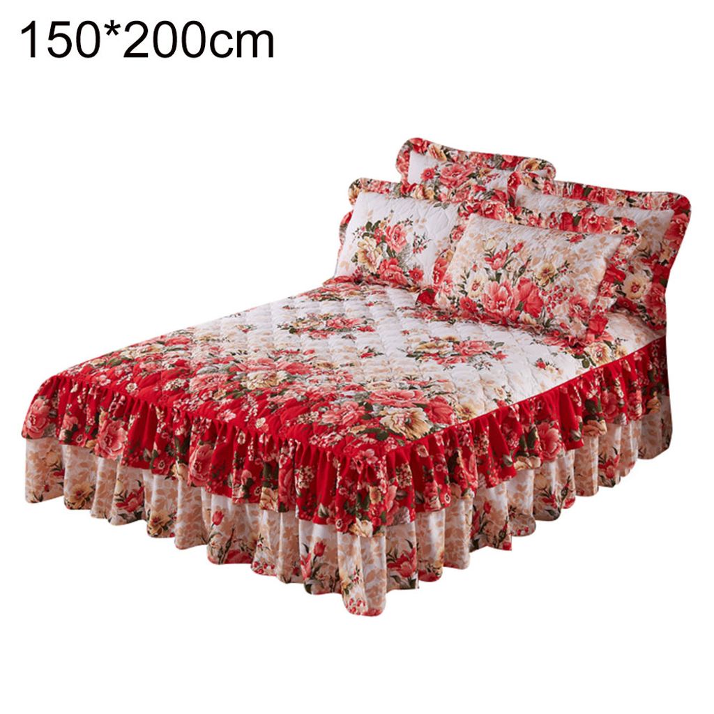 Ethnisches Blumenmuster Polyester gekräuseltes Bett Rock Bettwäsche Blech Wohnkultur-Rot ,Größen:150x200 cm