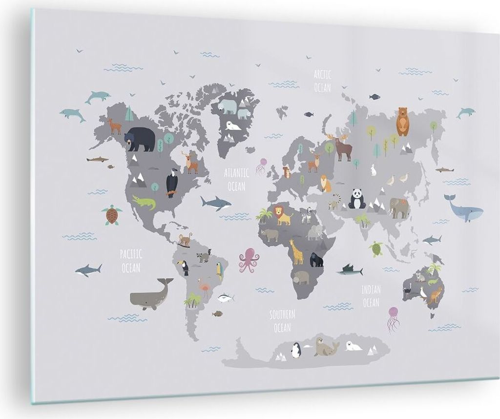Bilder auf glas - Einteilig - Karte die Welt Kontinente - 70x50cm - Glasbilder - Wandbilder - Bilder - zum Aufhängen bereit - Wanddekoration aus G...