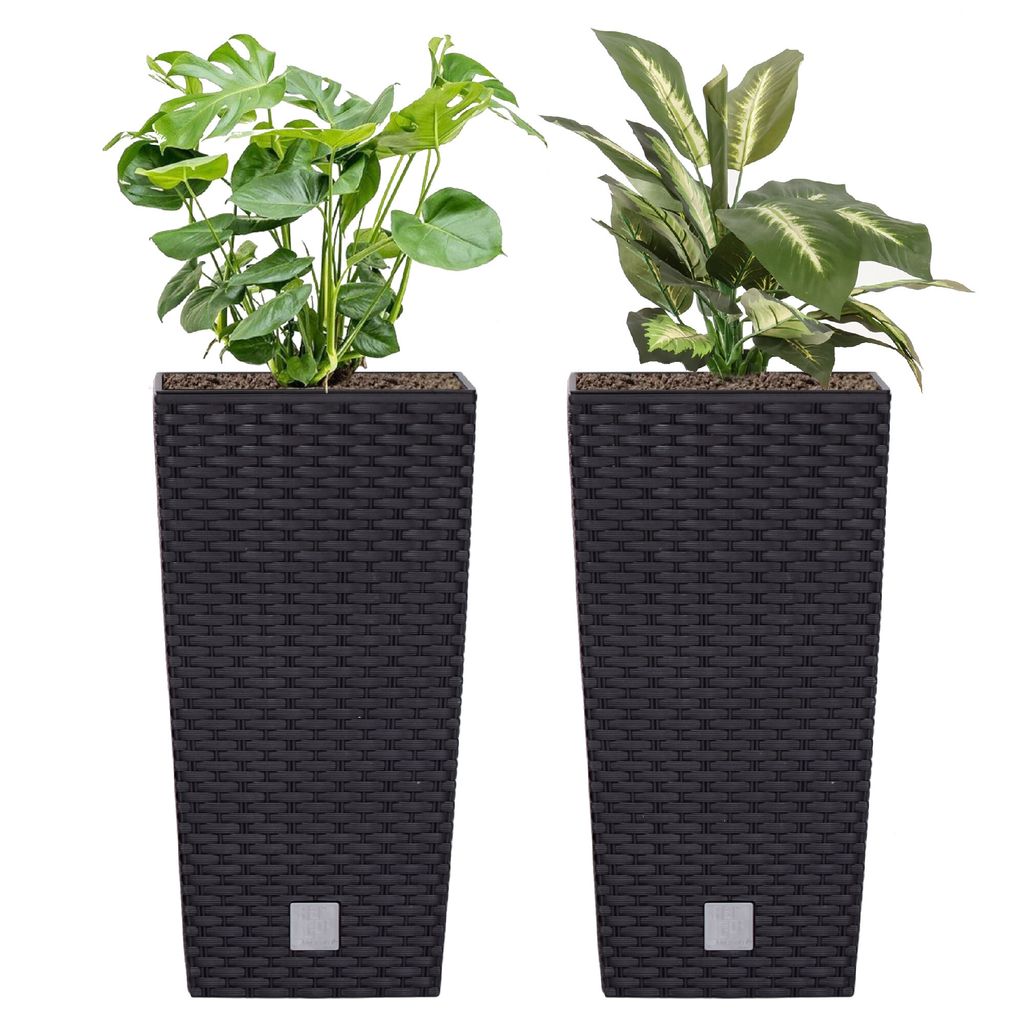 Set 2 Stücke Blumenkübel 11,4 L Rattan-Optik Anthrazit hohe Pflanzkübeln H 37,6 cm mit Innenkasten 5 L quadratisch Übertopf aus Kunststoff