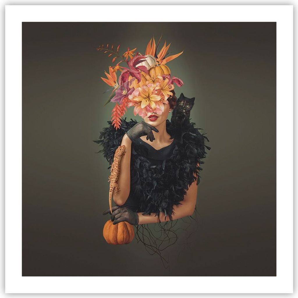 Poster - Poster ohne Rahmen - Frau Katze Blumen - 60x60 cm - Wand Bild - Wanddeko - Wandbilder - Kunstposter - Wandposter - Bilder - Kunstdruck - W...