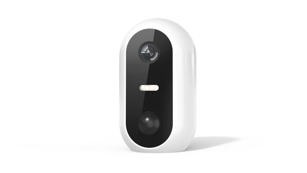 A white smart outdoor camera with a black faceplate is shown against a white background.