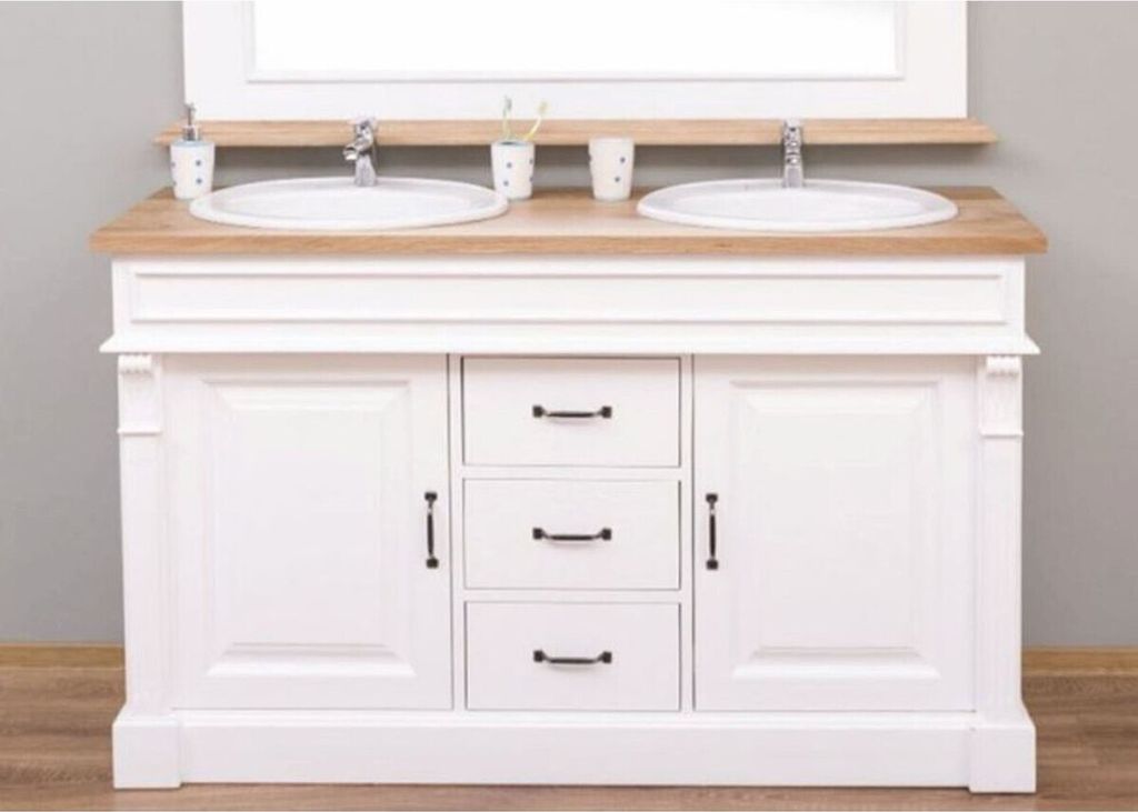 Casa Padrino Landhausstil Doppel Waschbeckenschrank Weiß / Naturfarben 150 cm