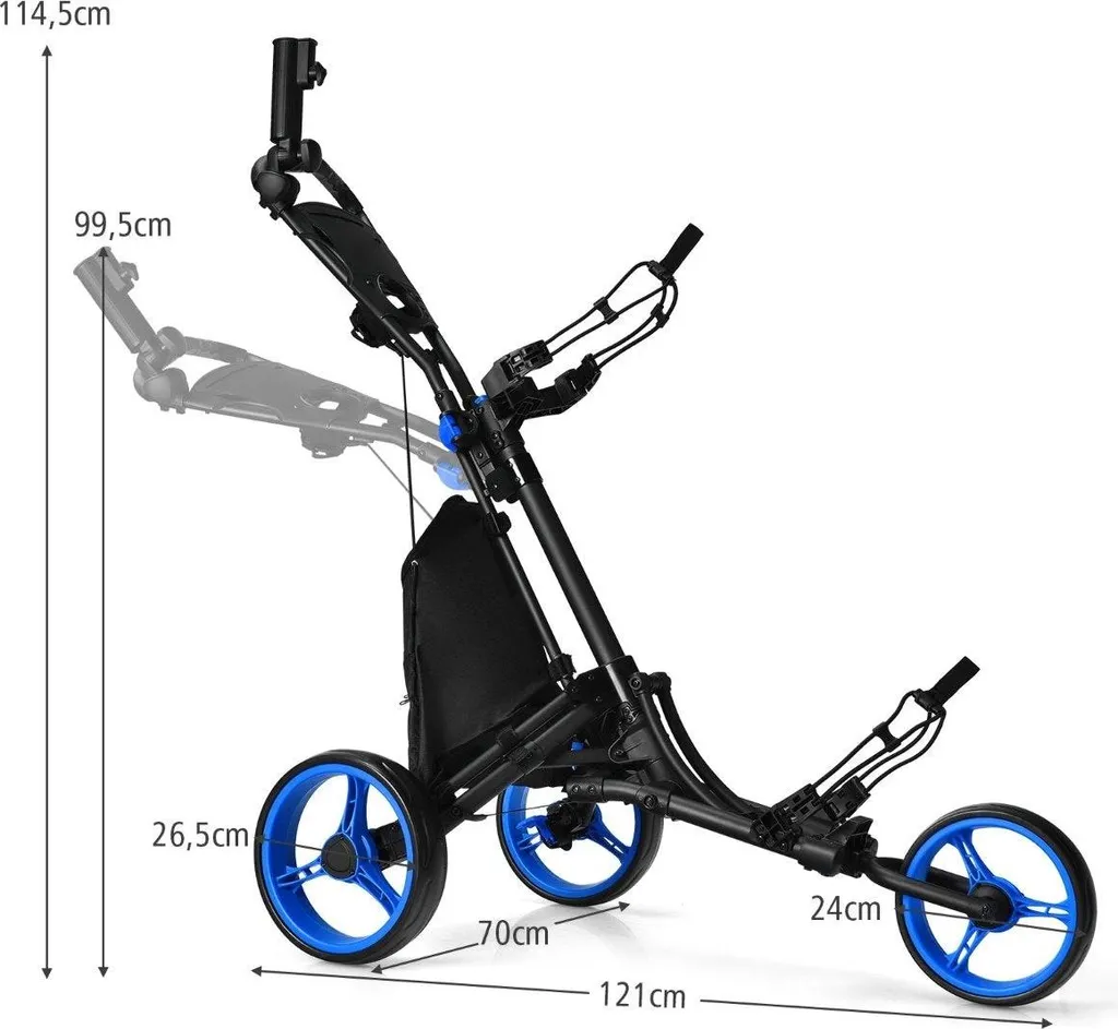 Chariot de golf pliable 3 roues, porte-parapluie et tableau de bord