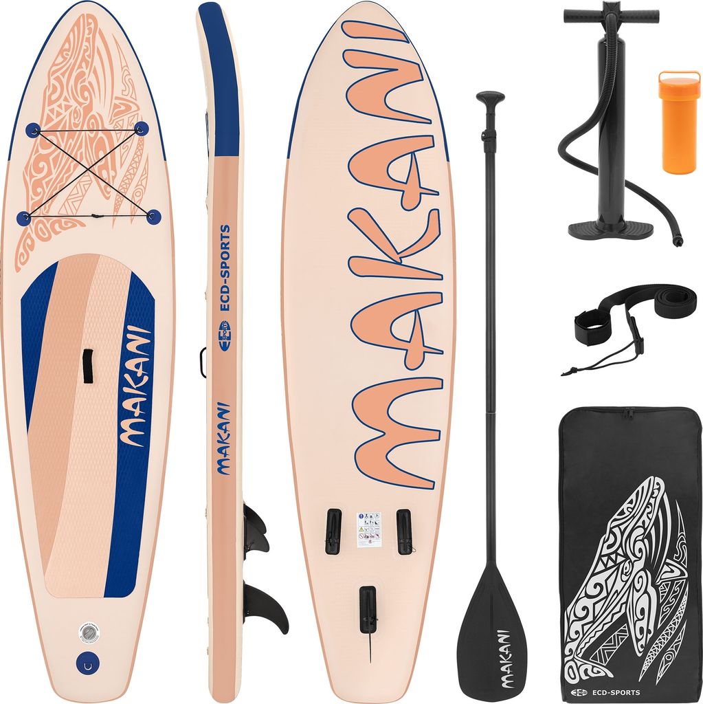 ECD Germany Aufblasbares Stand Up Paddle Board Makani, 320 x 80 x 15 cm, Apricot, PVC, Traglast bis 120kg, Pumpe Tragetasche Zubehör