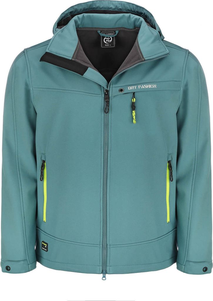 Dry Fashion Herren Softshelljacke Flensburg mit Fleece-Innenfutter - Outdoor-Jacke mit Kinnschutz und abnehmbarer Kapuze in Petrol Größe S