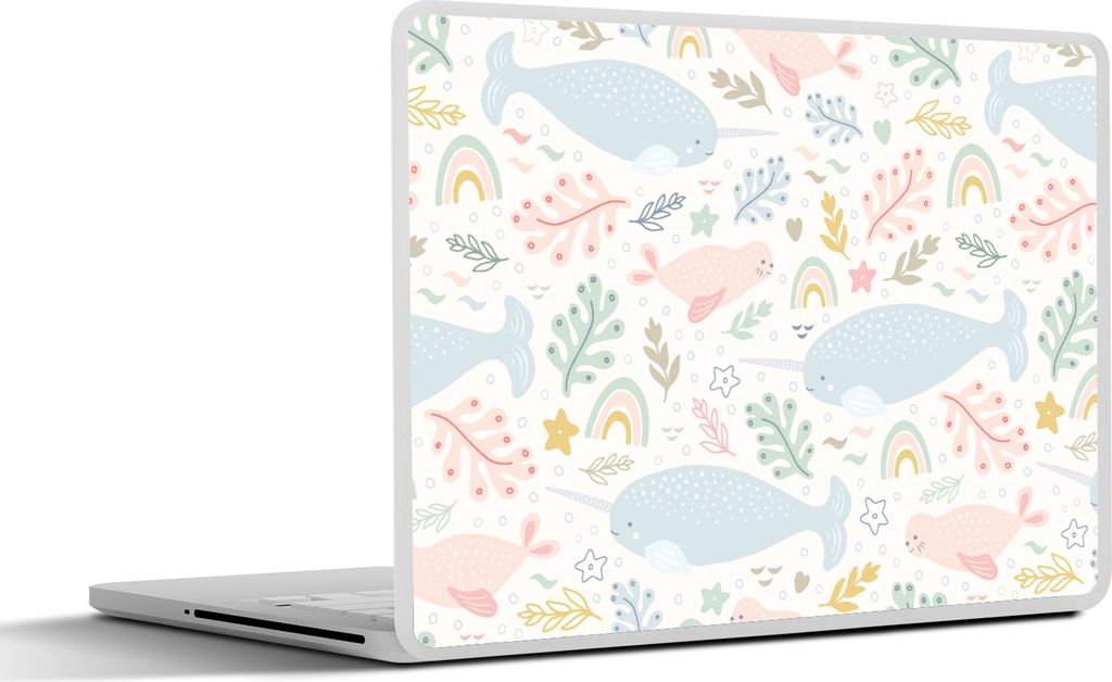 MuchoWow Laptop Aufkleber Sticker Cover Narwal - Robbe - Regenbogen - Tiere 40x30 cm - Laptop Dekoration - Selbstklebend