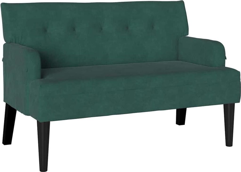 A dark green velvet Chesterfield sofa is shown from the front against a white background.