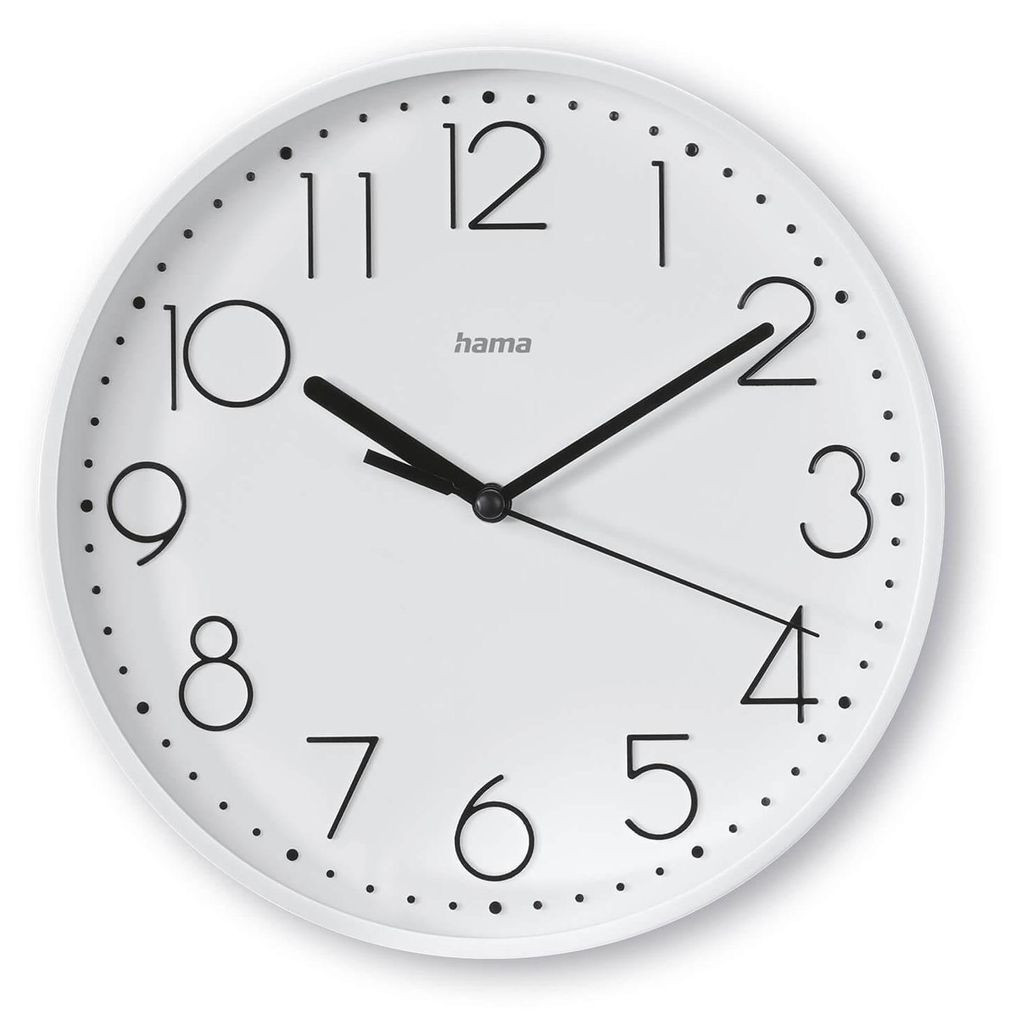 A white analog wall clock with black numbers and hands.