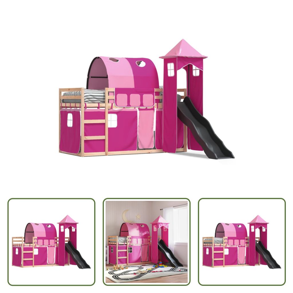 The Living Store Etagenbett mit Rutsche und Gardinen Rosa 80x200 cm