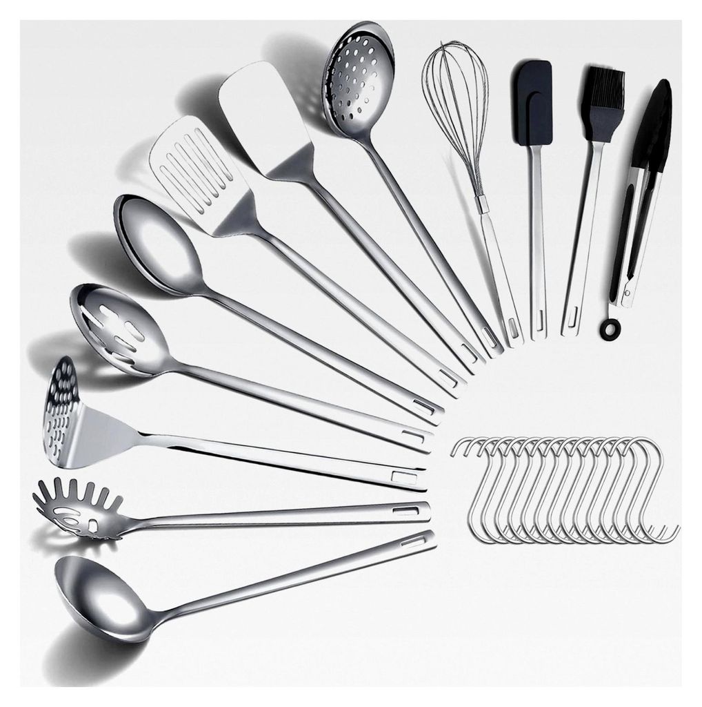 26-teiliges Edelstahl-Kochutensilien-Set, robustes Küchenwerkzeug-Set mit Haken, Metallspatel-Set, langlebige hochglanzpolierte Küchenutensilien ...