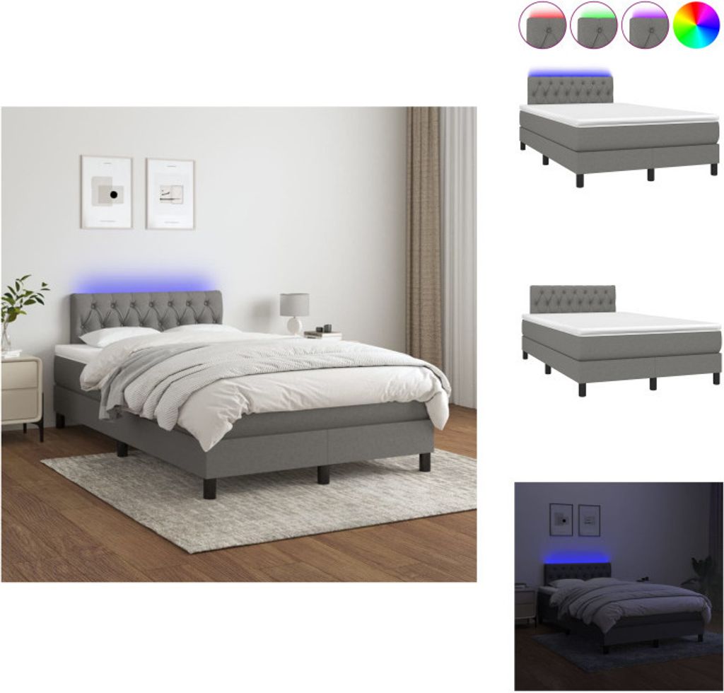 vidaXL Boxspringbett mit Matratze & LED Dunkelgrau 120x200 cm Stoff - Betten & Bettgestelle